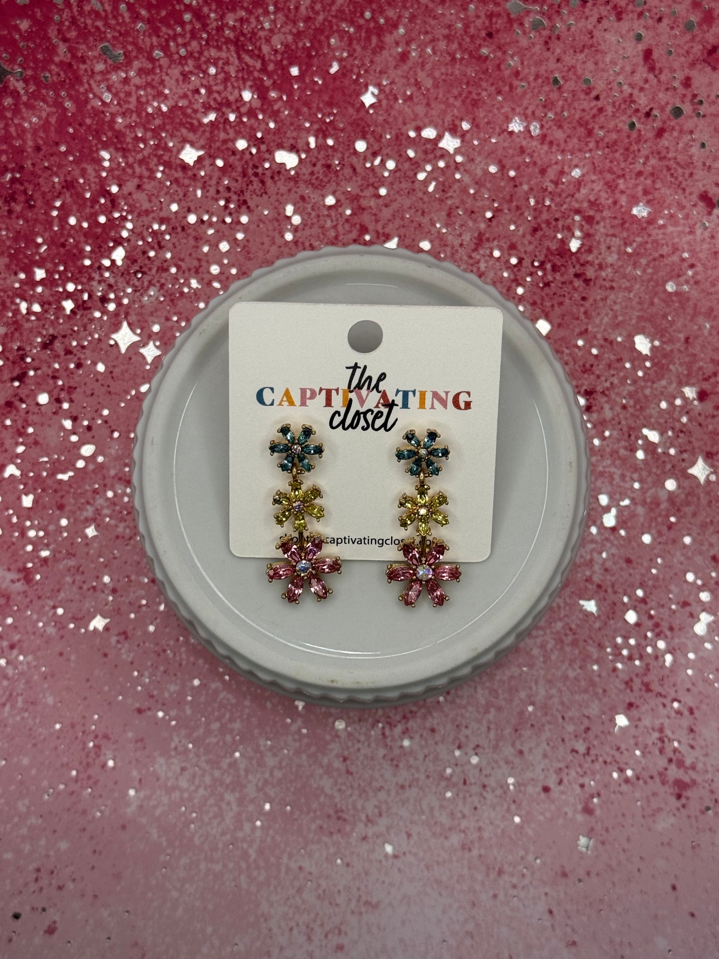 Blue, Yellow, & Pink Tiered Flower Dangle Earring
