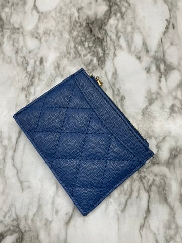 Blue Wallet with Zipper Pocket and Side Card Slots