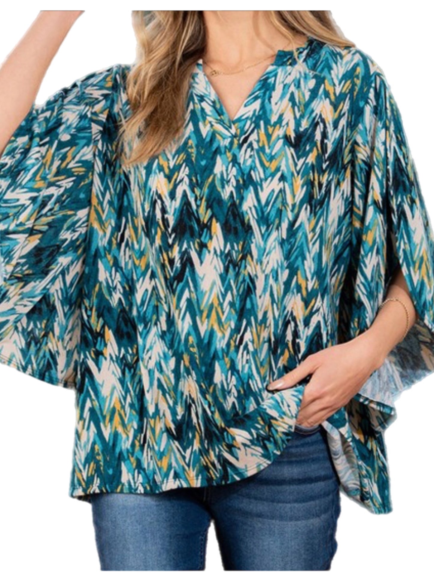 Teal Multicolor Top w/ Flowy Sleeves