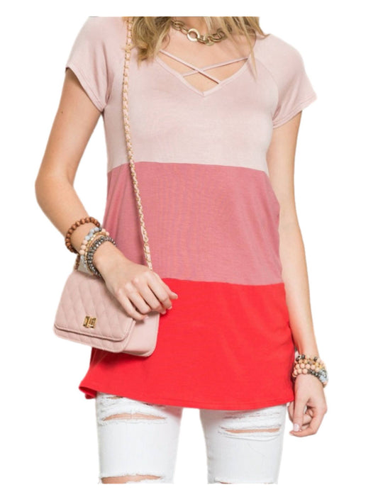 Pink, Mauve, & Coral Color Block Top