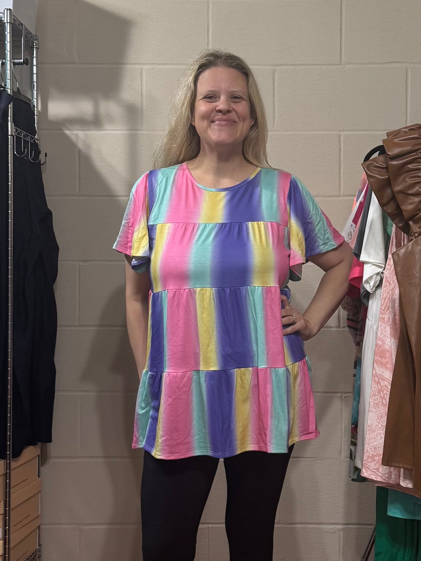 Multicolor Tiered Top w/ Bell Sleeves