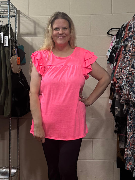Neon Pink Ruffle Shoulder Top