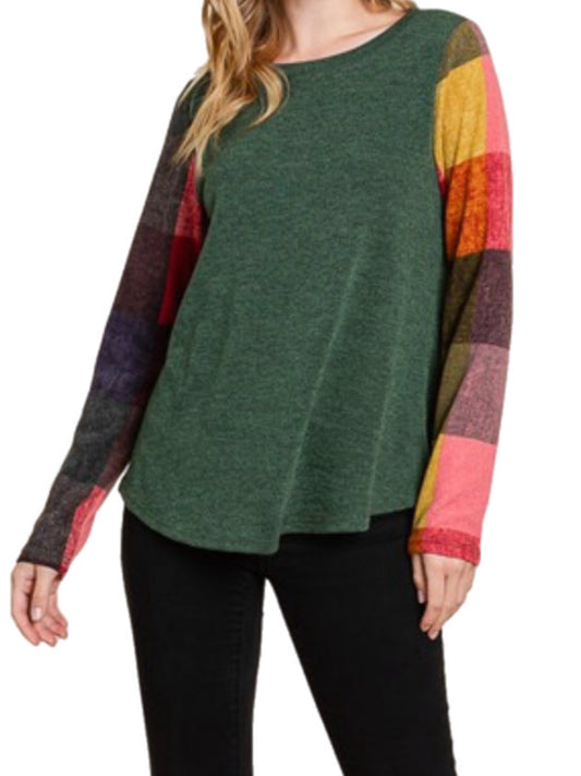 Olive Top w/ Colorful Plaid Sleeves
