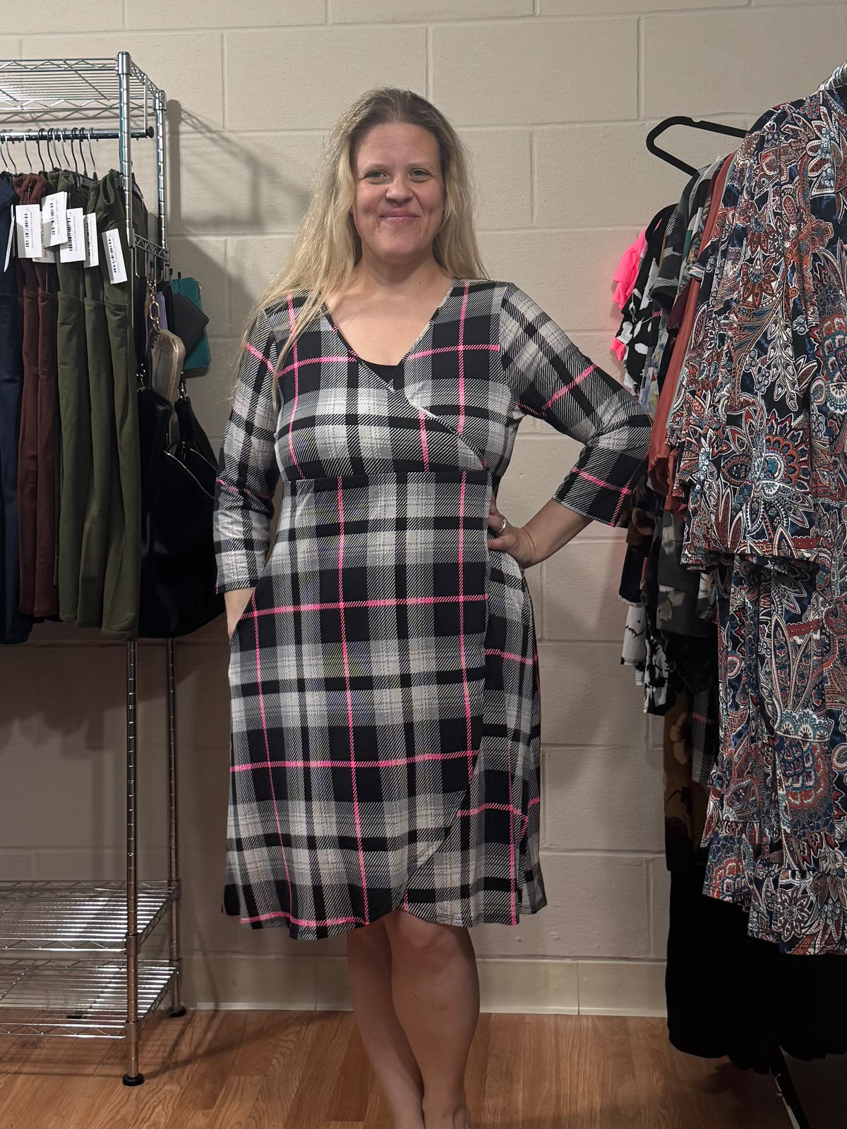 Black White & Pink Plaid Wrap Dress