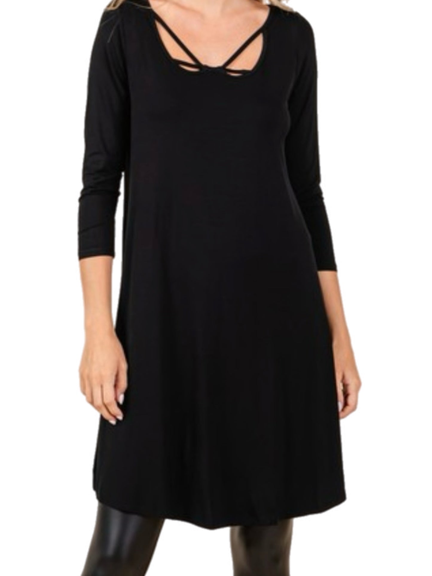 Black Midi Dress w/ Criss Cross Neck & 3/4 Sleeves