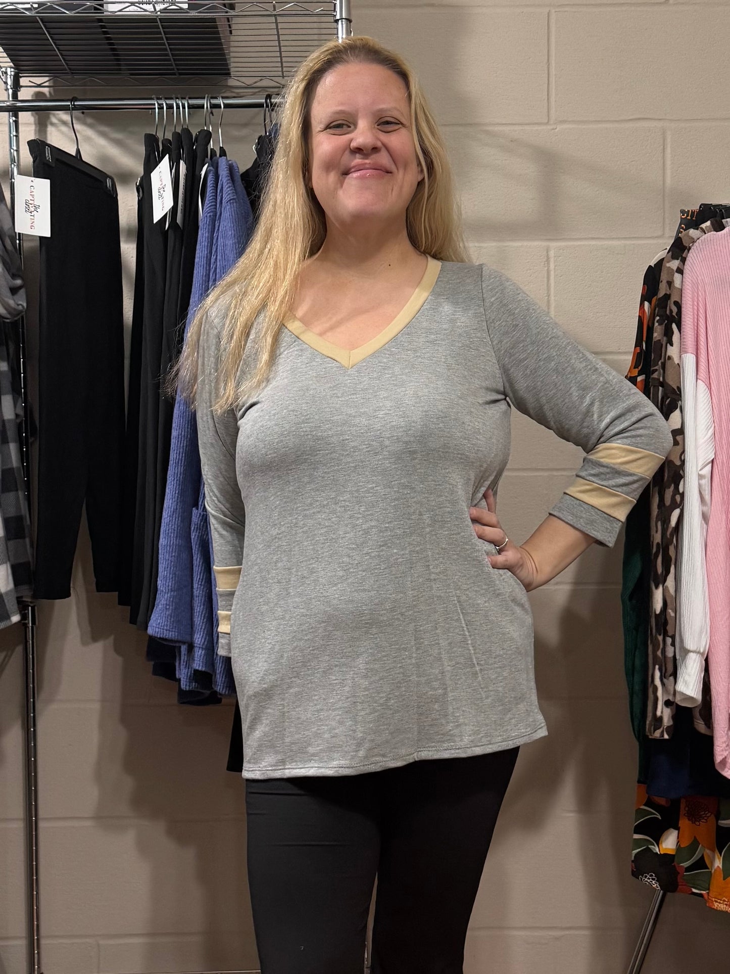 Grey V Neck w/ Varsity Stripes