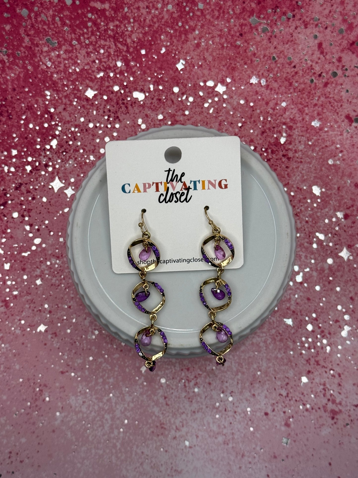 Gold & Purple Tiered Dangle Earrings