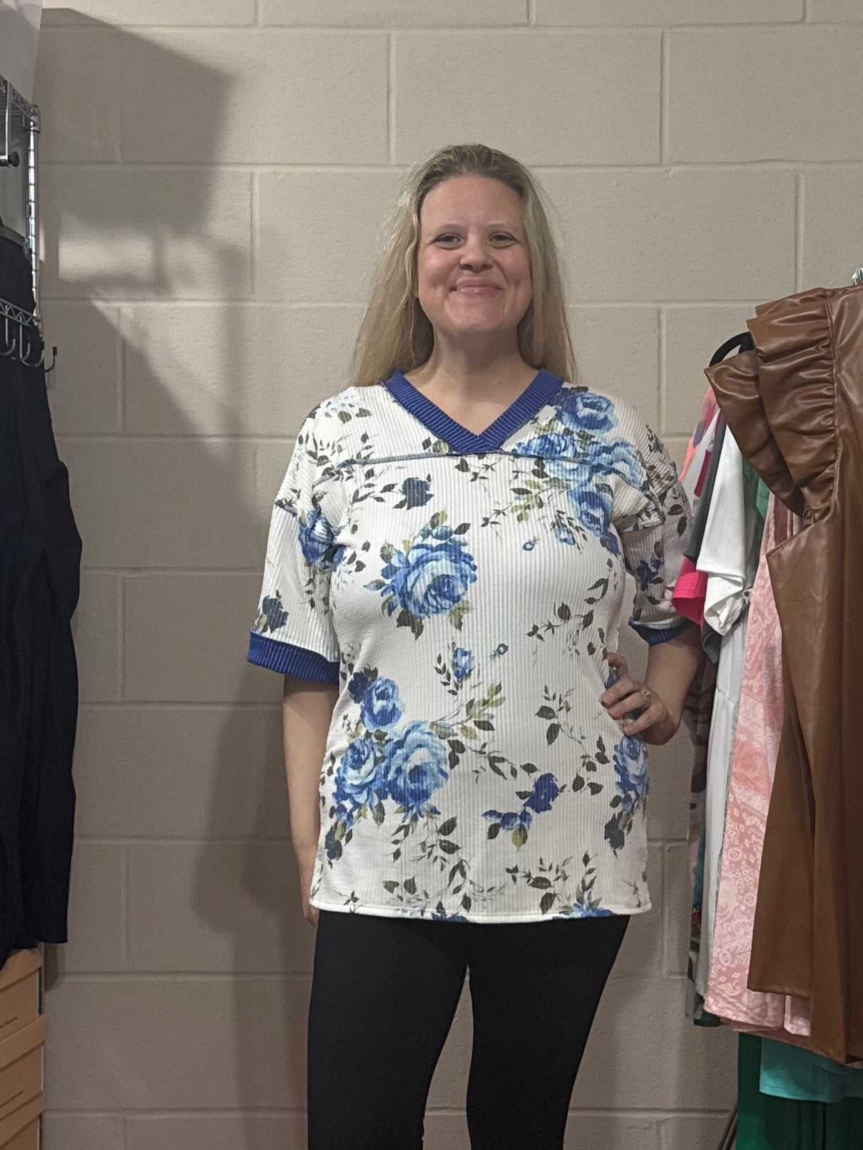 White & Blue Floral Ribbed Top