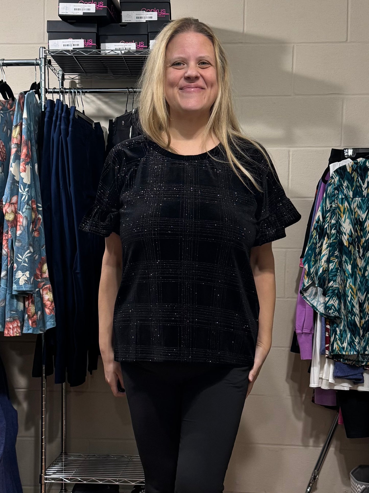 Black Velvet Sparkly Top w/ Flutter Sleeves