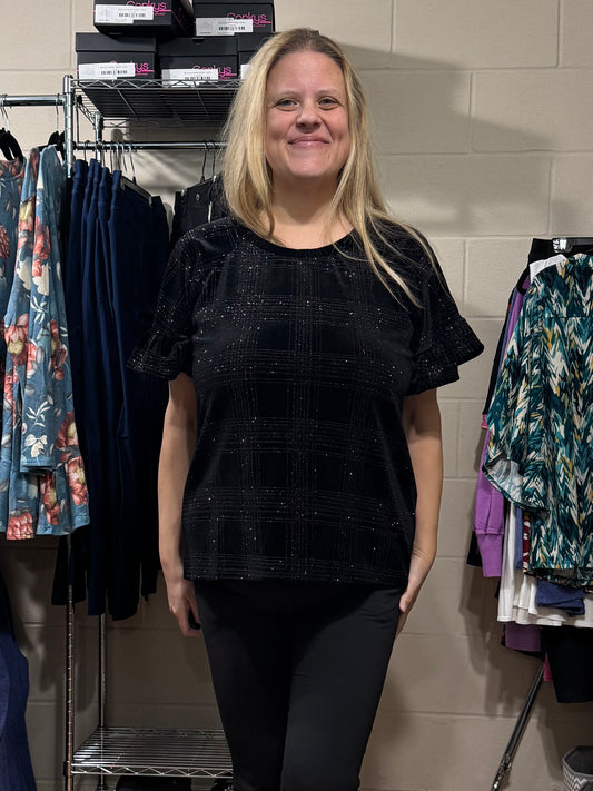 Black Velvet Sparkly Top w/ Flutter Sleeves