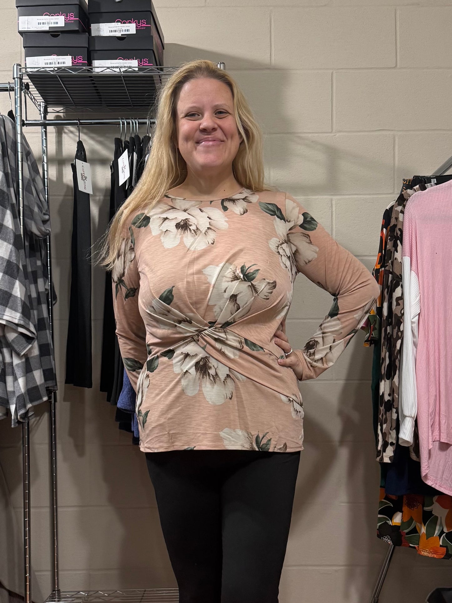 Peach Floral Front Twist Top