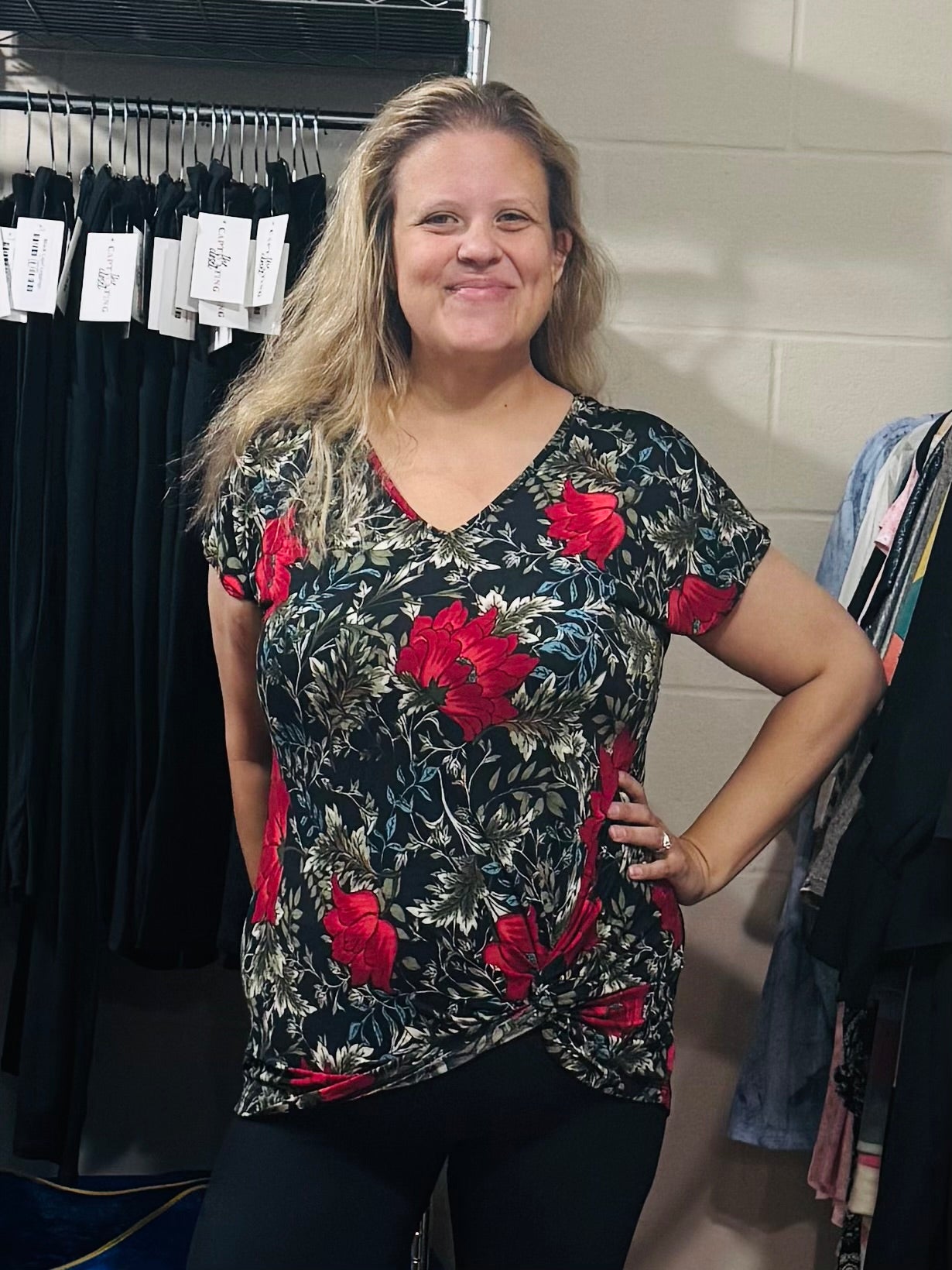 Black Floral Top w/ Twist Front