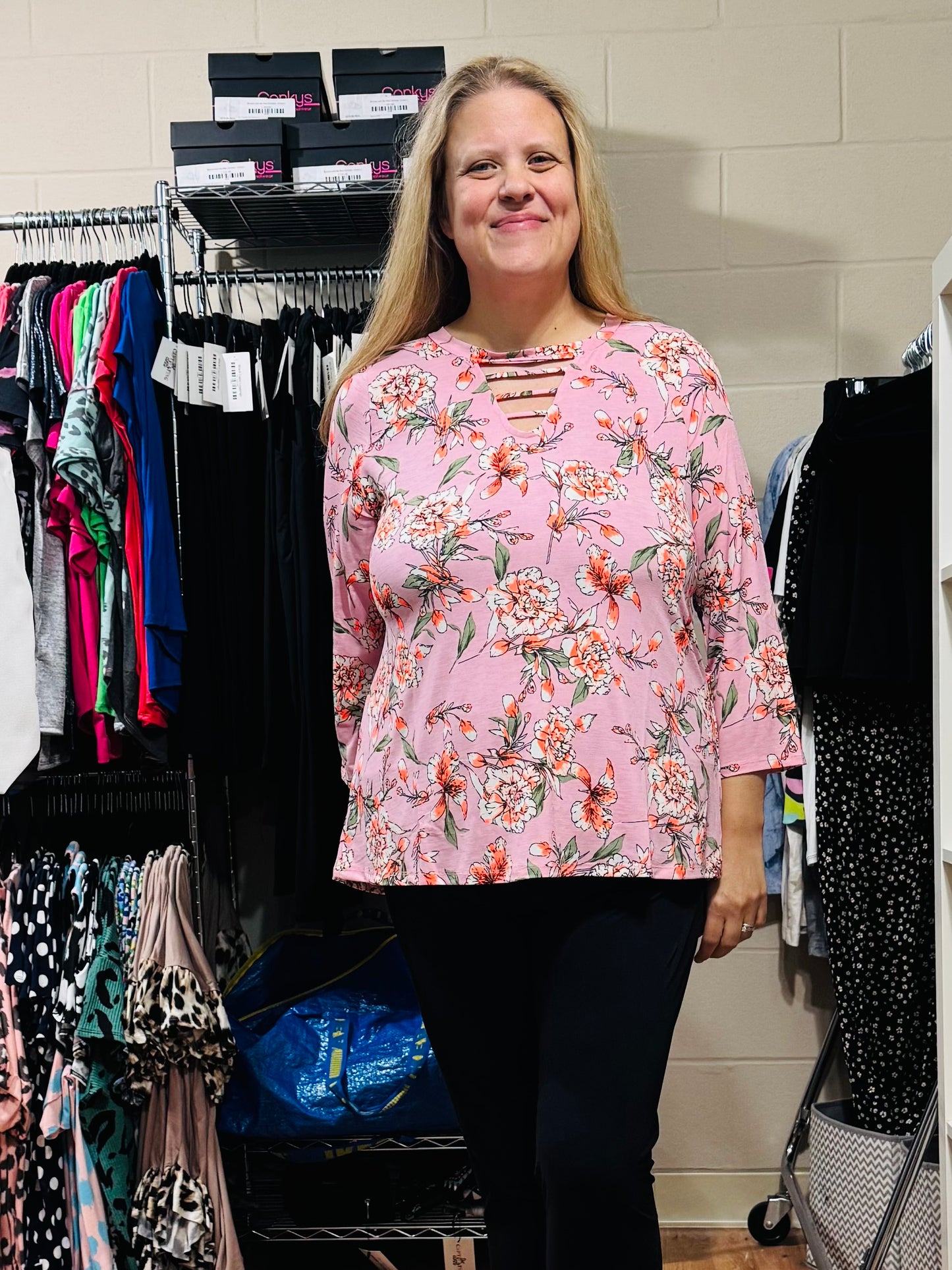 Pink & Orange Floral V Neck Top