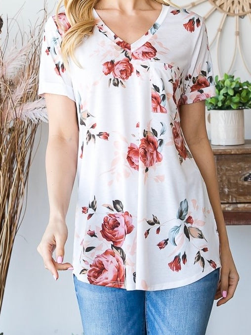White Bulgari Pocket Tee w/ Roses