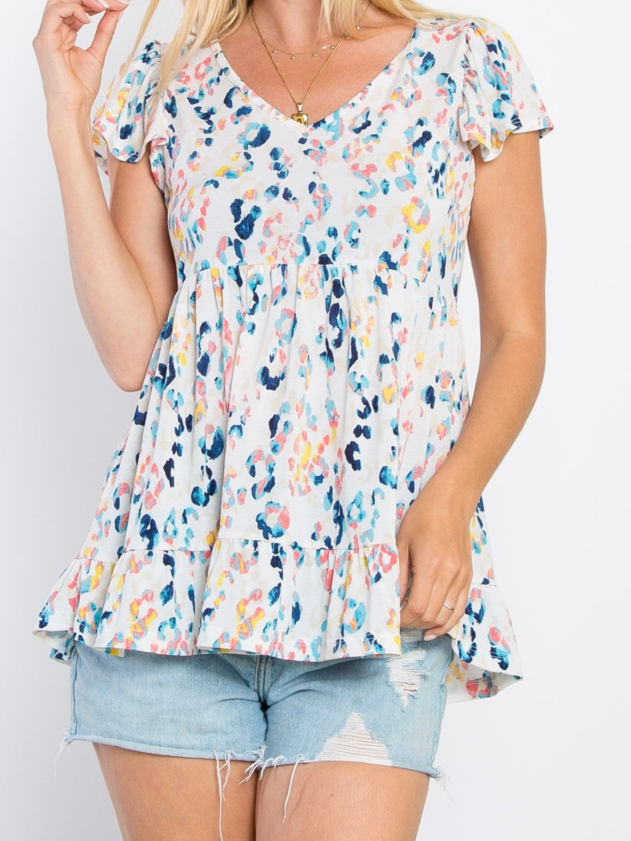 White, Colorful Cheetah Baby Doll Top
