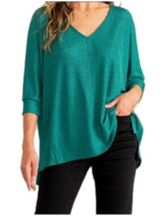 Green Ribbed 3/4 sleeve Top