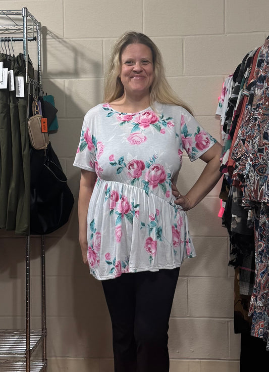 Light Grey & Pink Floral Top w/ Asymmetrical Hem