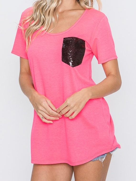 Hot Pink Tee w/ Black Sequin Pocket