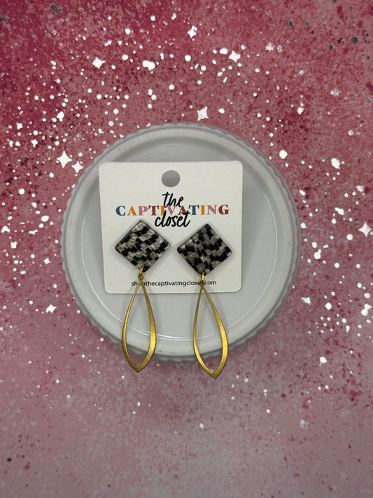 Gold Open Teardrop Earrings w/ Checked Studs