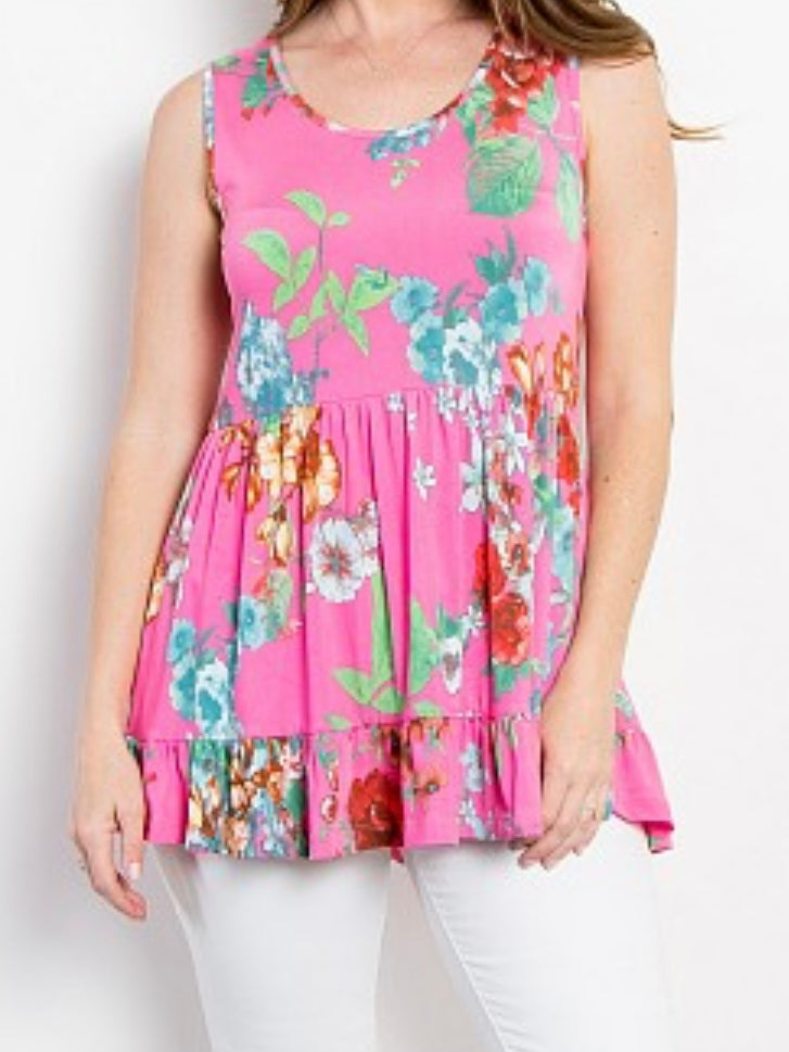Pink Floral Sleeveless Baby Doll Top