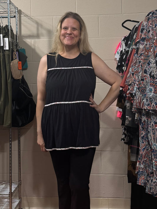 Black Tiered Sleeveless Top w/ Floral Detail