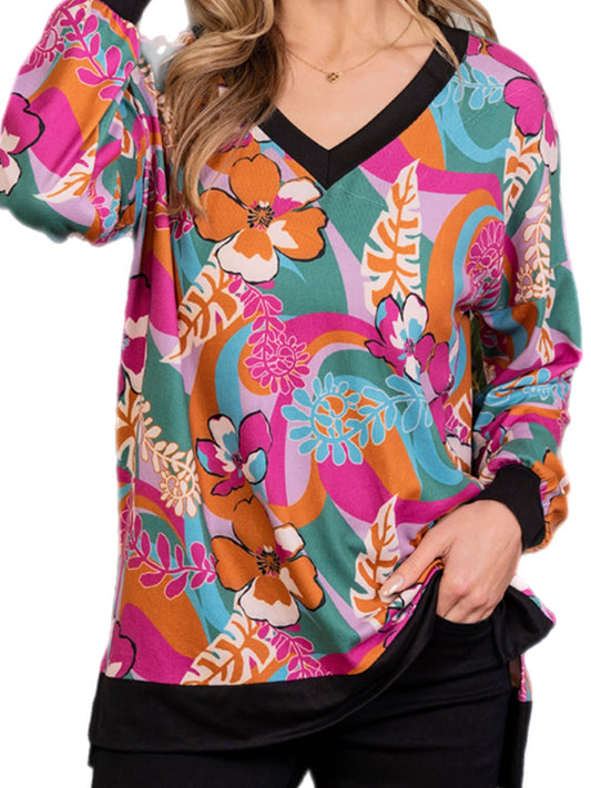 Magenta & Teal Floral V Neck Top