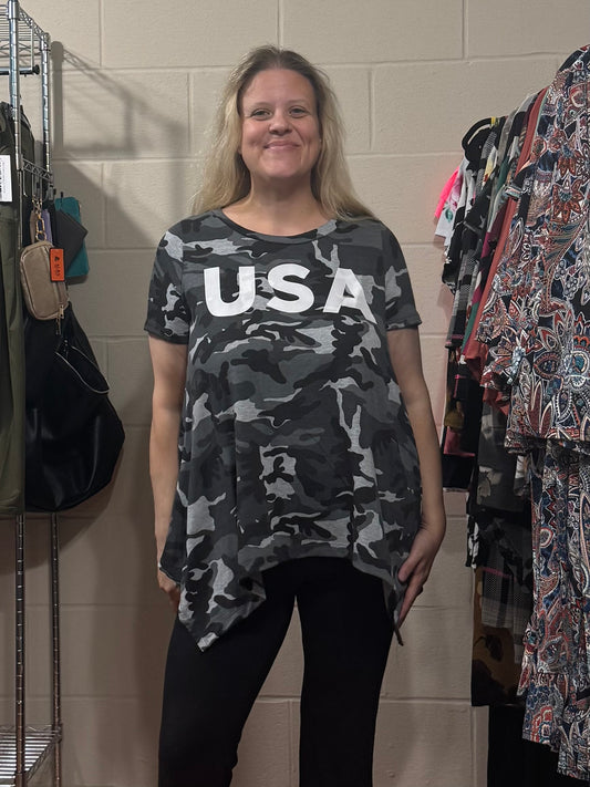 Black Camo USA Shark Bite Tee