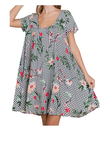 Floral Checkered Babydoll Dress