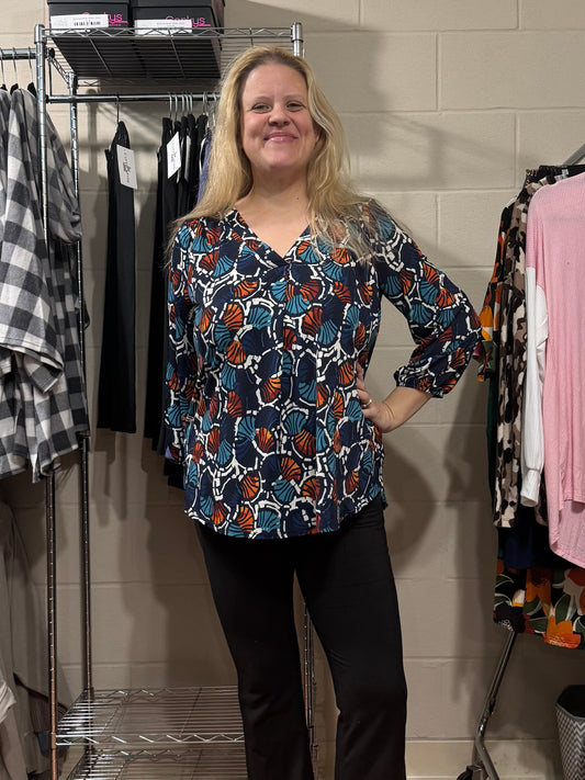 Navy & Orange Printed V Neck Top