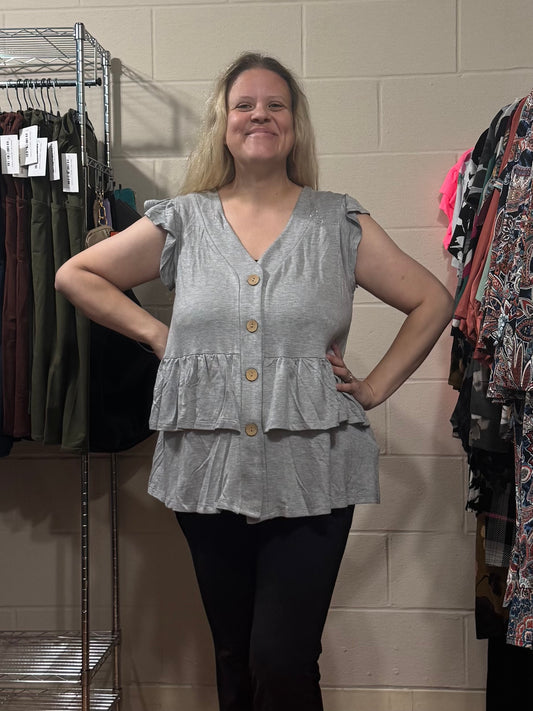 Heathered Gray Ruffle Tiered Top w/ Buttons