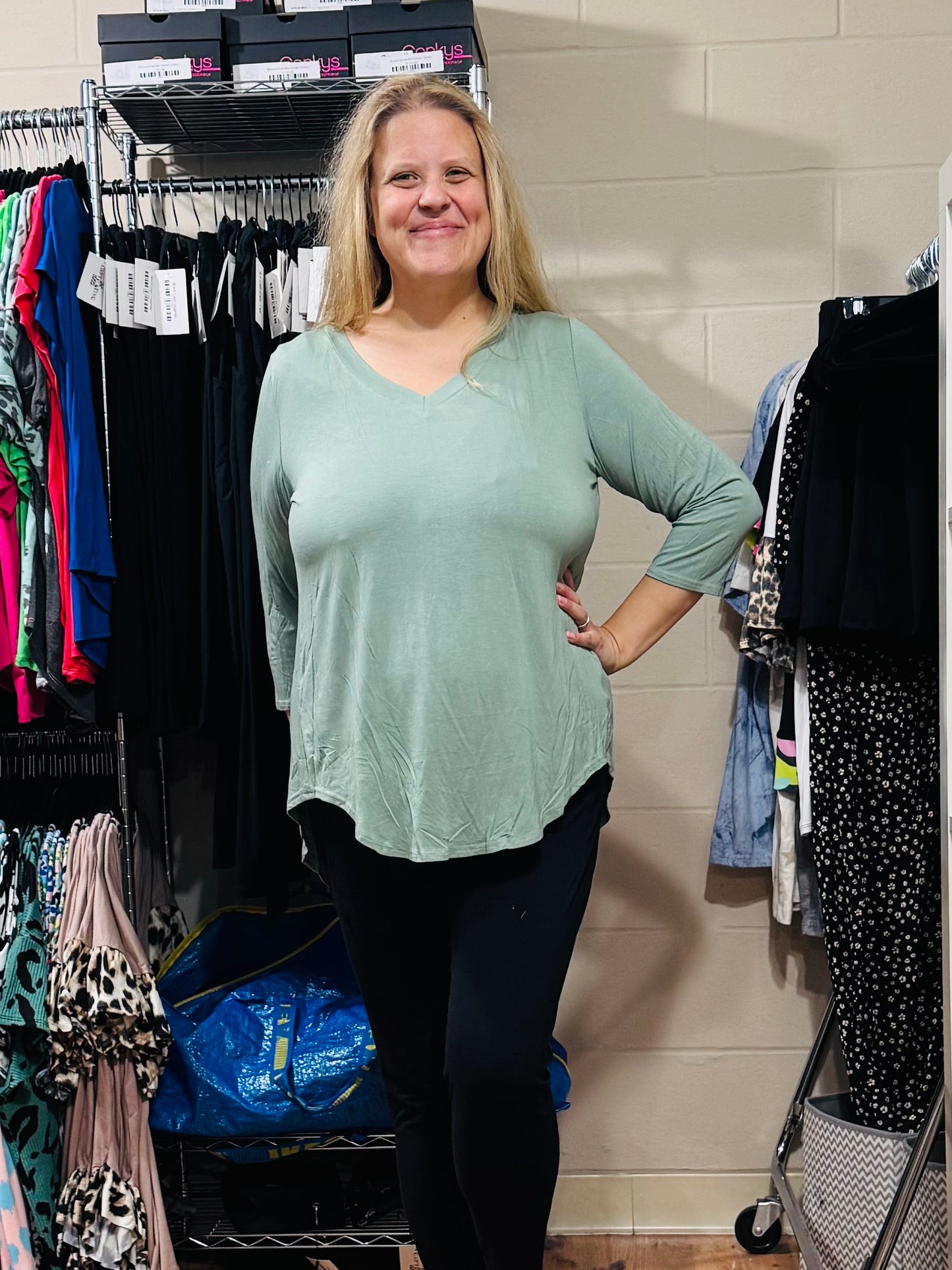 Sage Green 3/4 Sleeve V Neck Tee