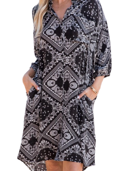 Black Bandana Print Button-Up Dress/ Cover-Up