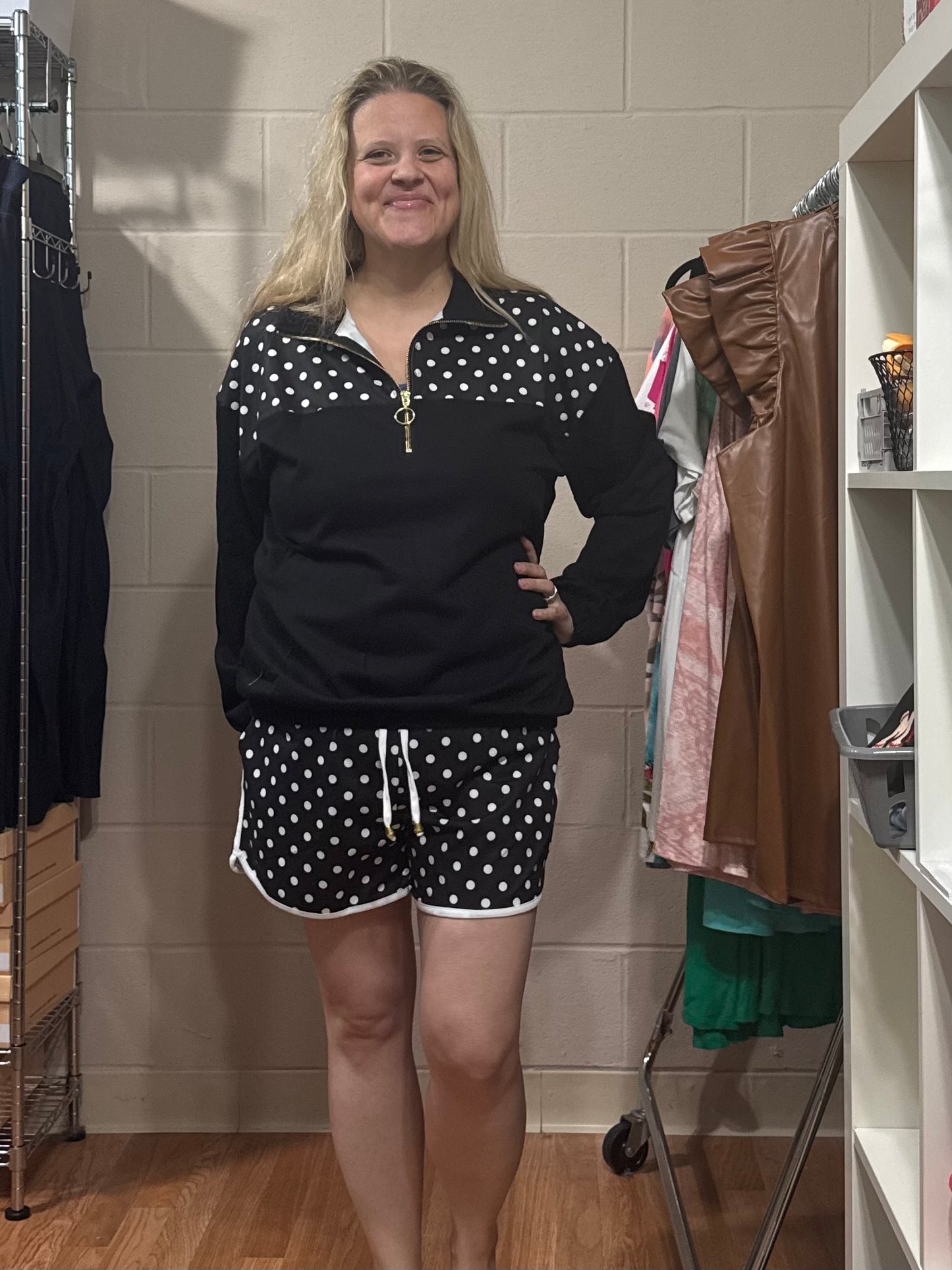 Black Polka Dot Zip Pullover