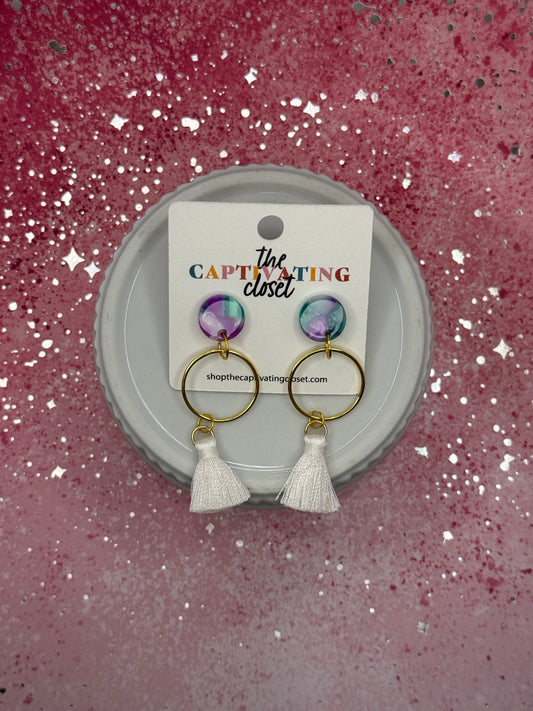 Gold Hoop w/ White Tassel Dangle Earrings