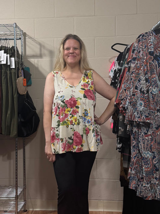 Cream & Pink Floral Sleeveless Baby Doll Top
