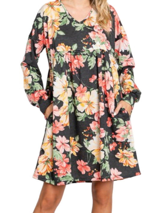 Black Floral Dress w/ Bubble Sleeves