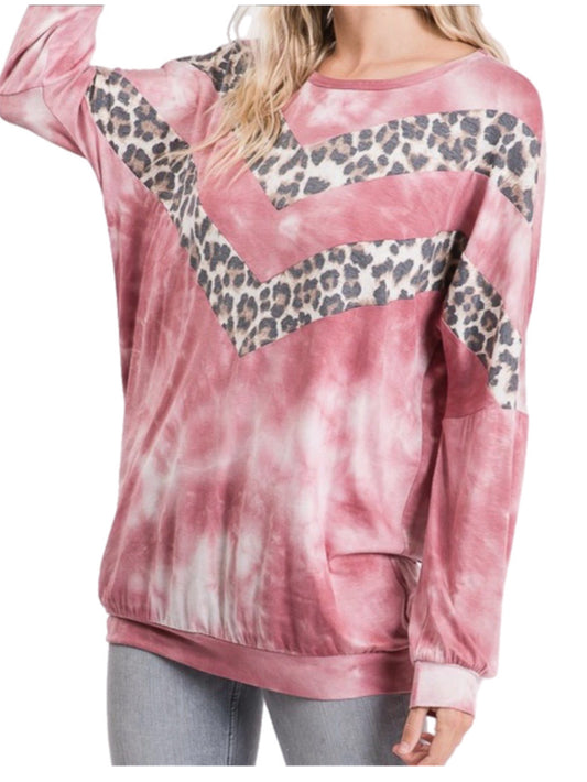 Burgundy Tie Dye Top w/ Cheetah Accent