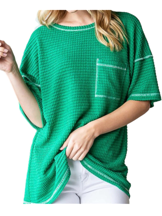 Bright Green Waffle Tee w/ Pocket