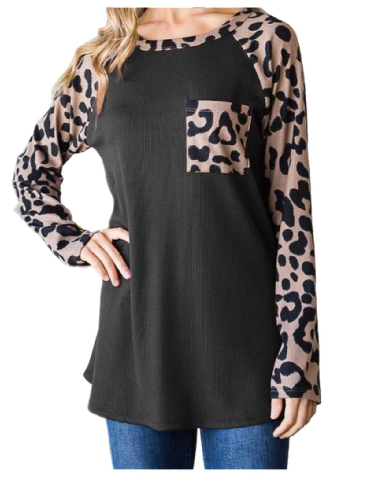 Black Top w/ Cheetah Sleeves & Pocket