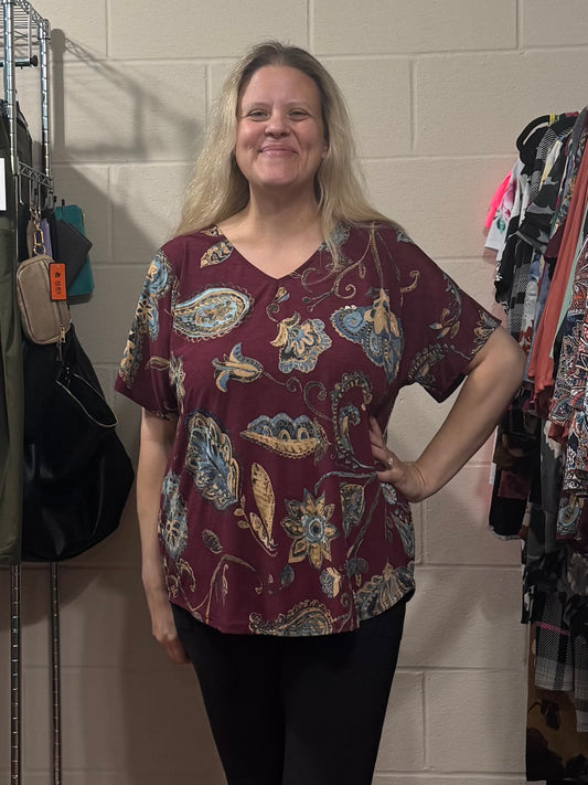 Burgundy Paisley V Neck Top