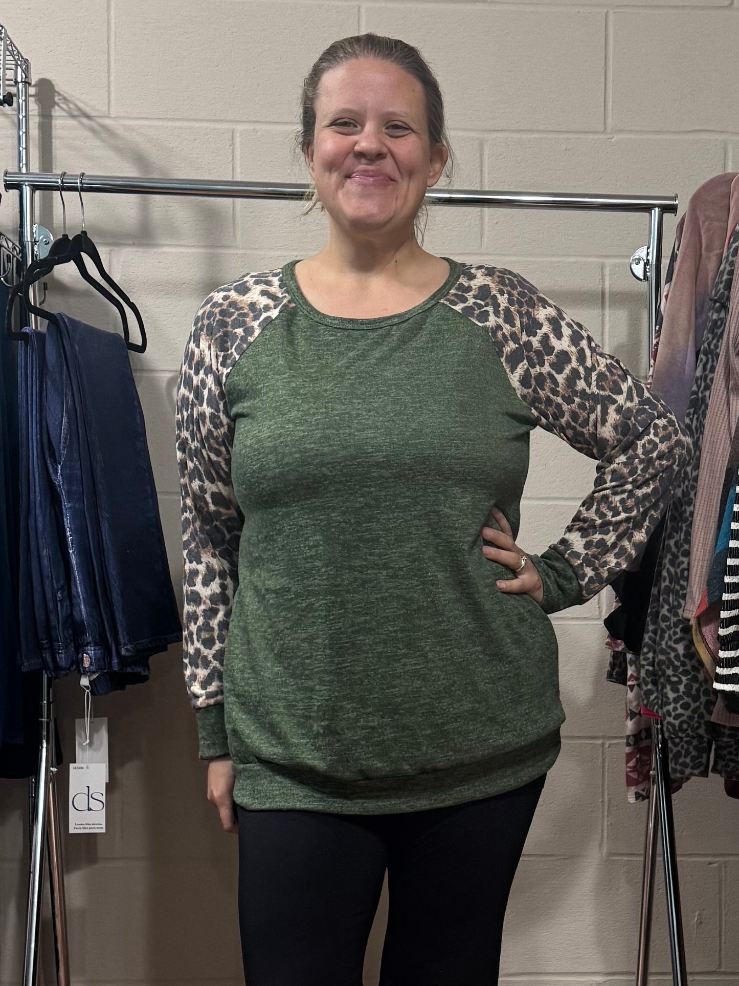 Olive Green Top w/ Cheetah Sleeves