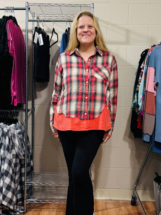 Red Plaid Layered Button Top