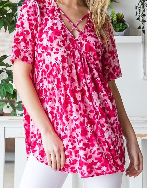 Pink Animal Print Top w/ Criss Cross Neck