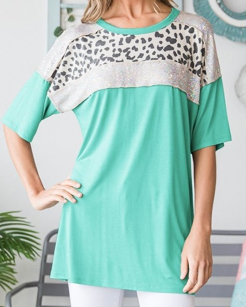 Cheetah & Sequin Color Block Top