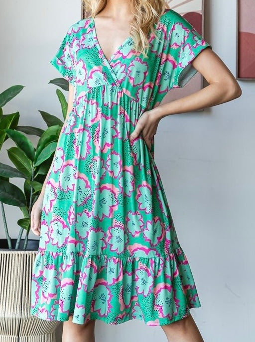 Green Dress w/ Pink & Coral Flowers