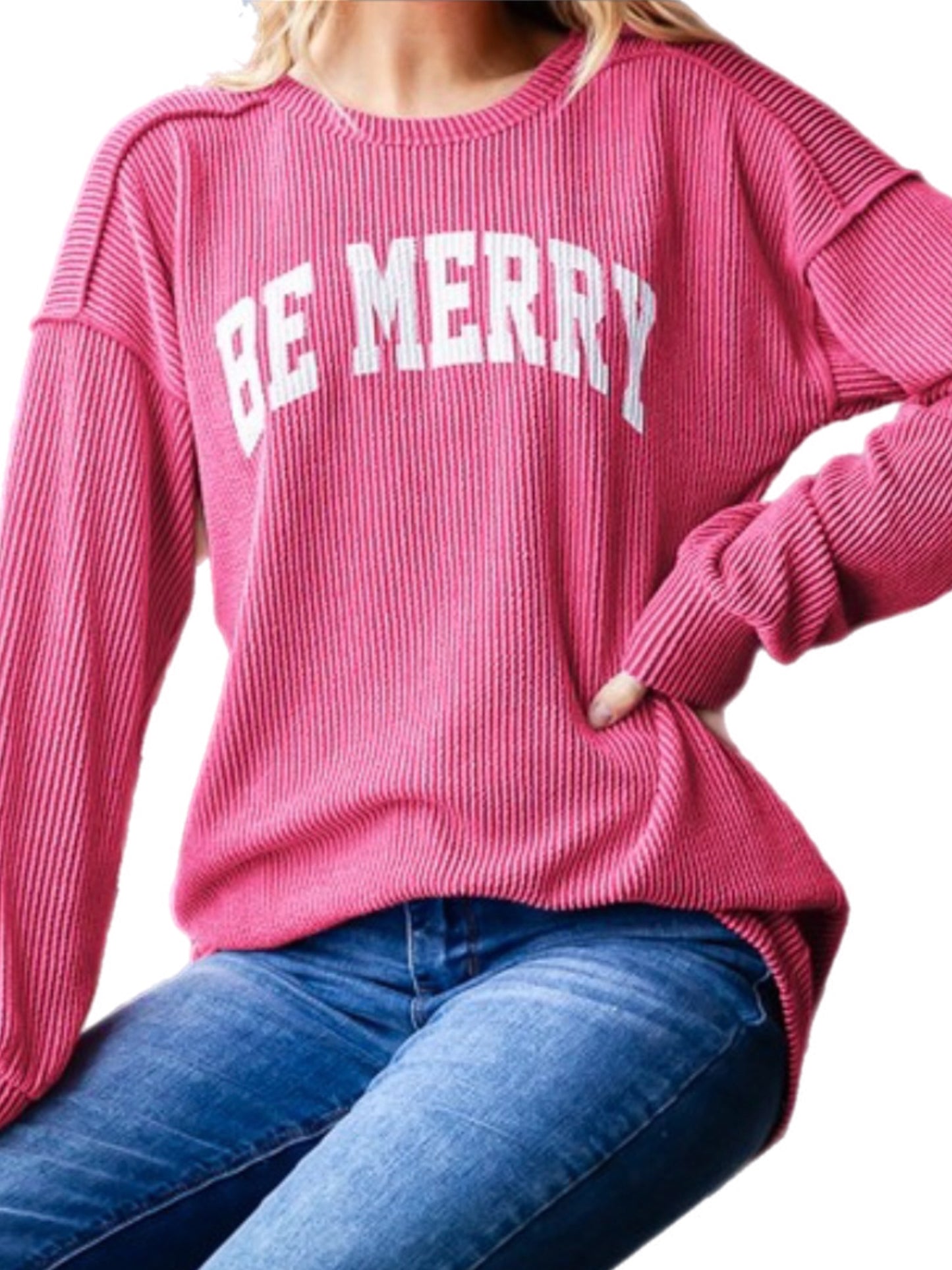 Pink Ribbed "Be Merry" Top