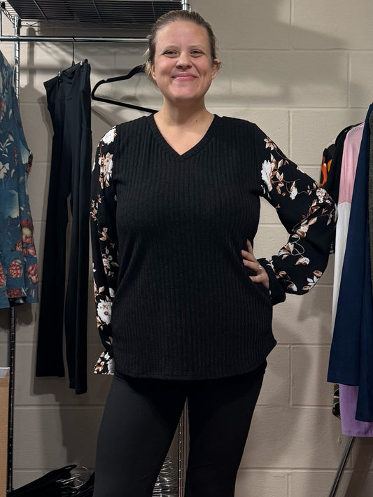 Black Ribbed V Neck Top w/ Floral Sleeves
