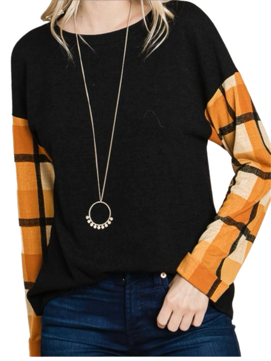 Black Top w/ Yellow Plaid Sleeves