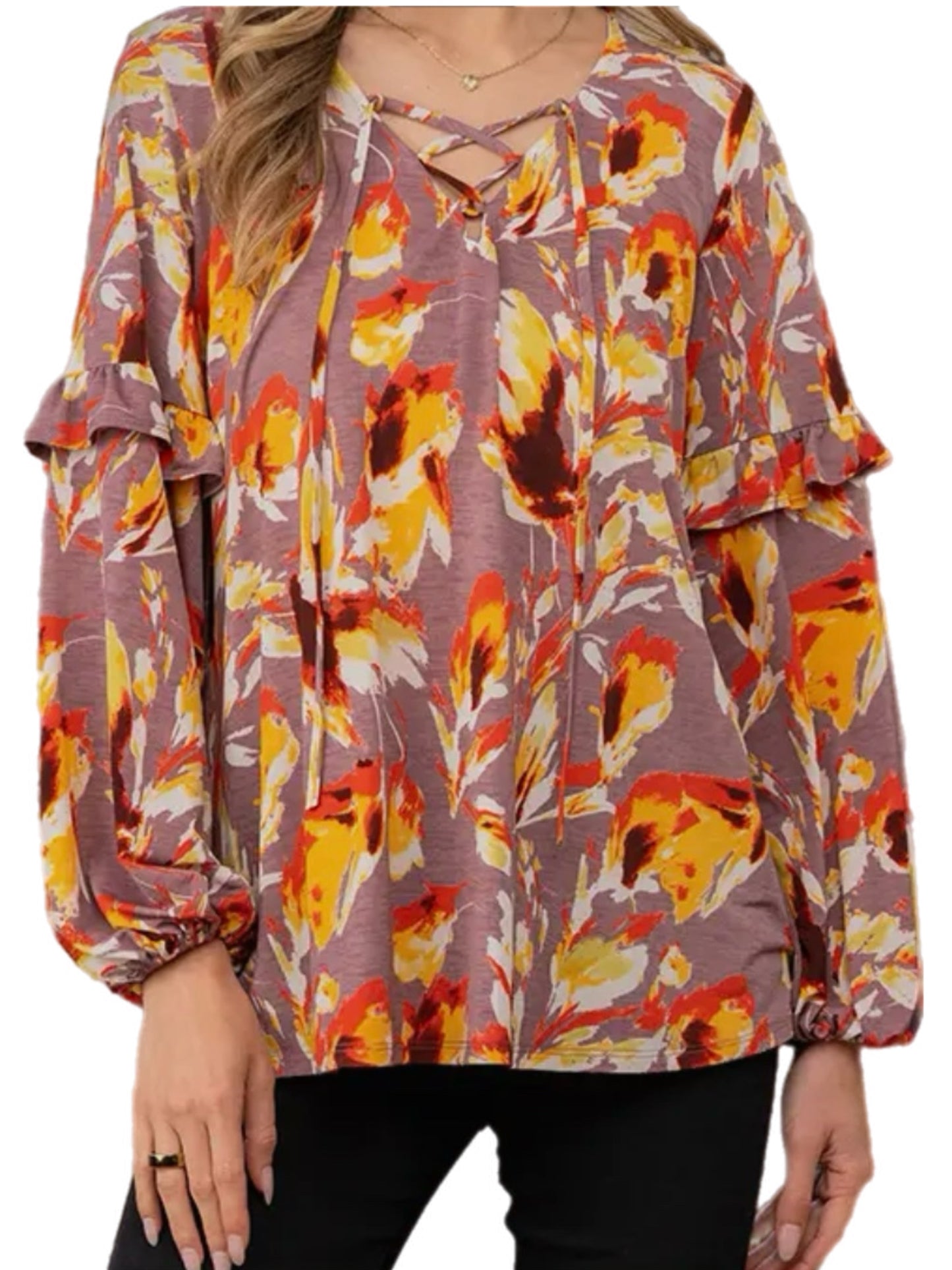 V-Neck Floral Top with Ruffle Sleeve