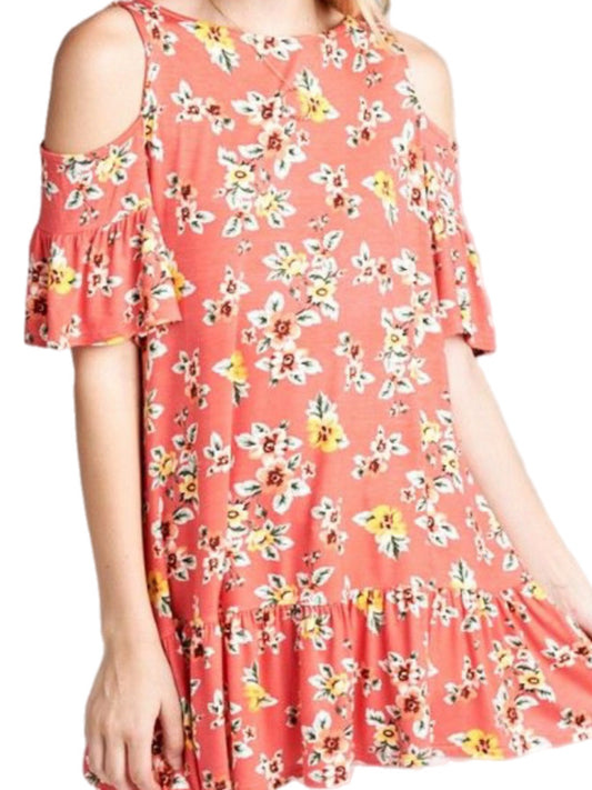 Coral Floral Open Shoulder Ruffle Tunic Top